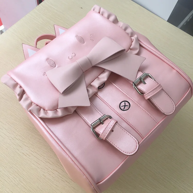 Милый школьный женский рюкзак в стиле Лолиты с котом; рюкзаки из искусственной кожи для девочек-подростков; Kawaii; женские сумки на плечо с бантом и ушками; Mochila; цвет розовый, белый