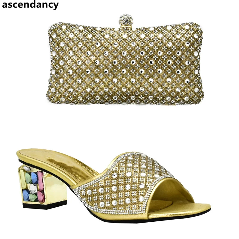 

New Arrival Nigerian Shoes and Matching Bags Ladies Italian Shoes and Bag Set Decorated with Rhinestone Party Shoes and Bag Sets