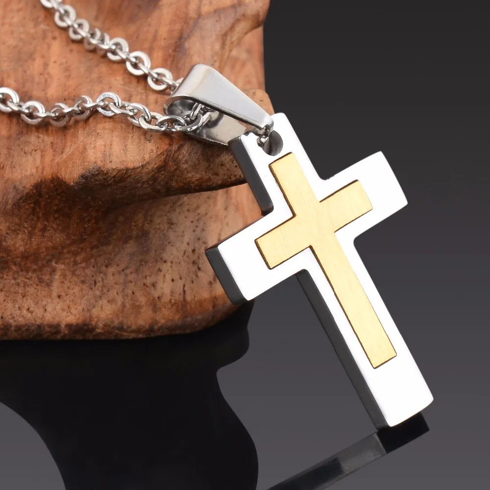 Нержавеющая сталь католицизм качество Религиозные ювелирные изделия двойной крест ожерелье золото/серебро тон Кулон Ювелирные изделия Dropship