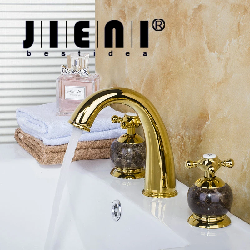 

JIENI Luxury 3PCS Set Bathtub Golden Plated Bathroom Faucet European Split Basin Mixer Tap Jade Faucet Body Cross Handles