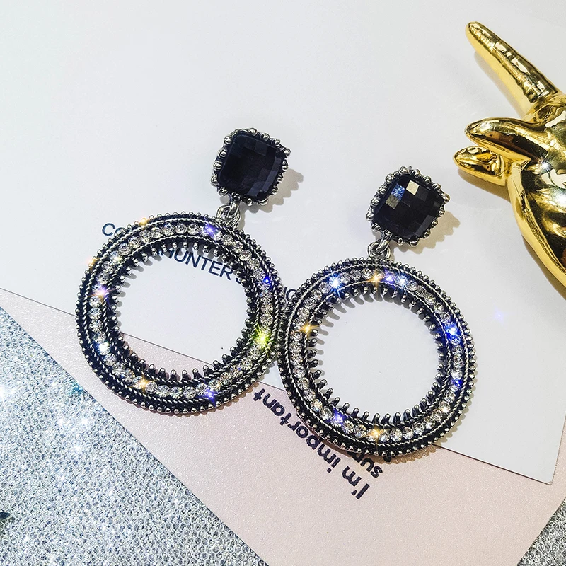 Classic Crystal Round Women Dangle Earrings Long Circle Earrings For Women Drops Earrings Exaggerated Earrings