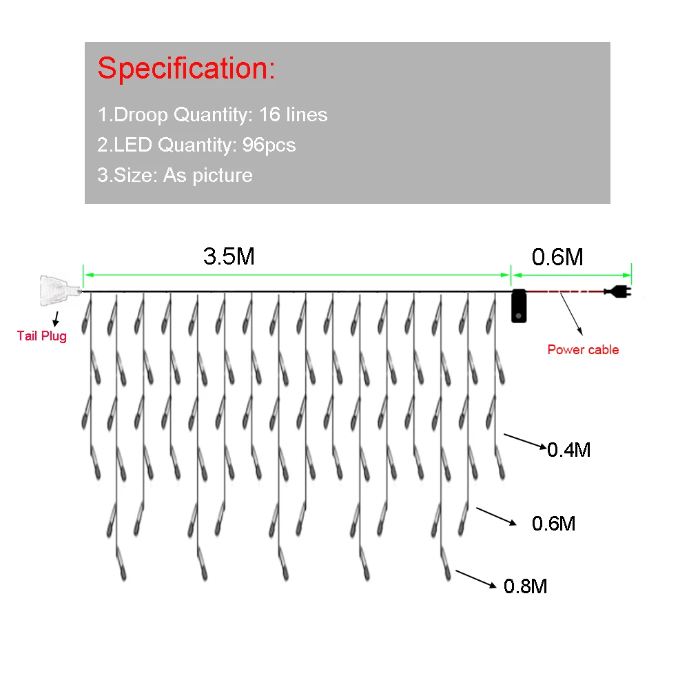 410 см Рождественский светильник s светодиодный светильник для занавесок сосулька струна 0,4-0,8 м свисающие гирлянды для свадебной вечеринки год 6 цветов с хвостовой вилкой IL