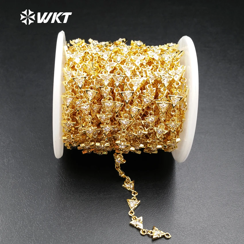

WT-BC083 Wholesale Custom Sparkly Cubic Zircon Triangle Beads Chain With 24K Gold Color Chain Custom Length 5m/lot