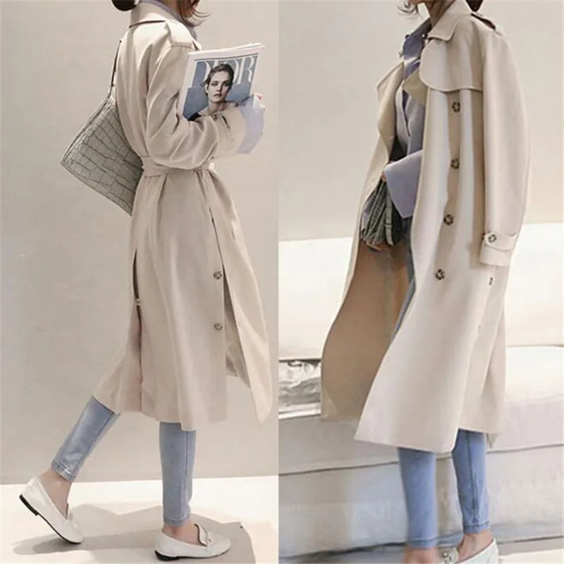 

Women Loose Trench Coat Long Sleeve Sashes Turn Down Fashion Casual Windbreaker Coats For Female Ma5043