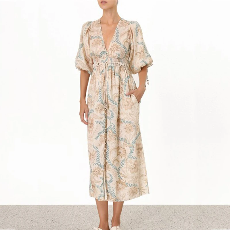

2019 Summer Designer Deep V-Neck Half Sleeve Leaves Print Sashes Noble Woman Maxi Dress Chiffon and Line Dress Party Vestidos
