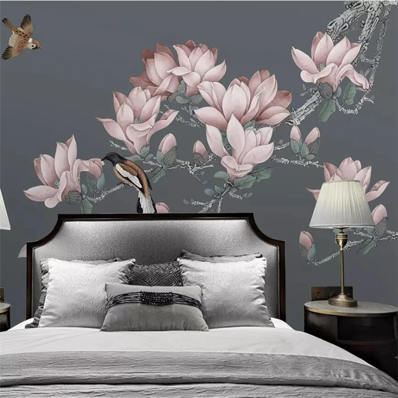 

wellyu Custom large-scale mural 3d wallpaper new Chinese pen hand-painted magnolia bird Yashelan bedroom background wall