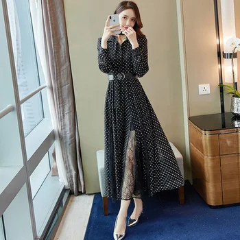 

Spring Elegant Chiffon Dot Long Dress Women Long Sleeve Patchwork Lace Dresses Vintage Slim High Waist Party vestidos 2019 Mw655