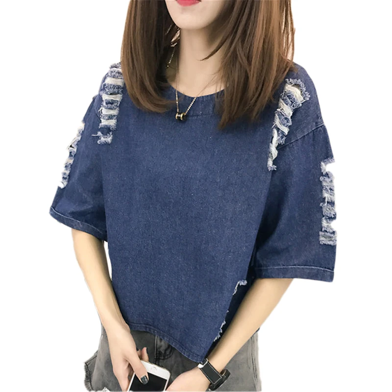 Summer Women Tops Fashion Hole Denim Blouse Shirt For Women Blouse Loose Short-sleeved Blouses Plus Size