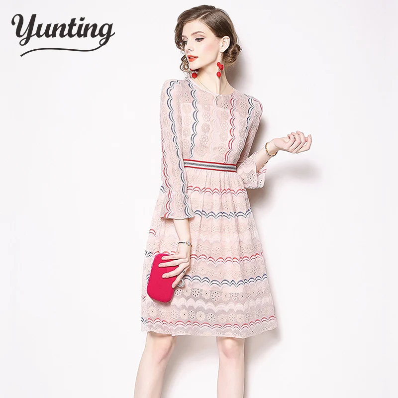 

2019 Sping New Women's Lace Dresses Floral Crochet Hollow Out Vestidos Patchwork Casual Slim Office Party Dress