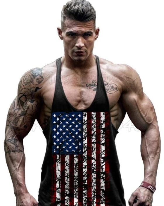 Muscleguys Brand Fitness Men’s Stringer Tank Tops American USA Flag
