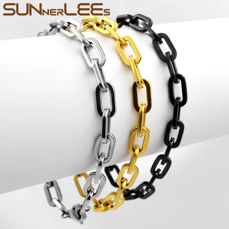 

SUNNERLEES 316L Stainless Steel Bracelet High Polish 6.5mm Geometric Link Chain Silver Gold Black Men Women Jewelry Gift SC96 B