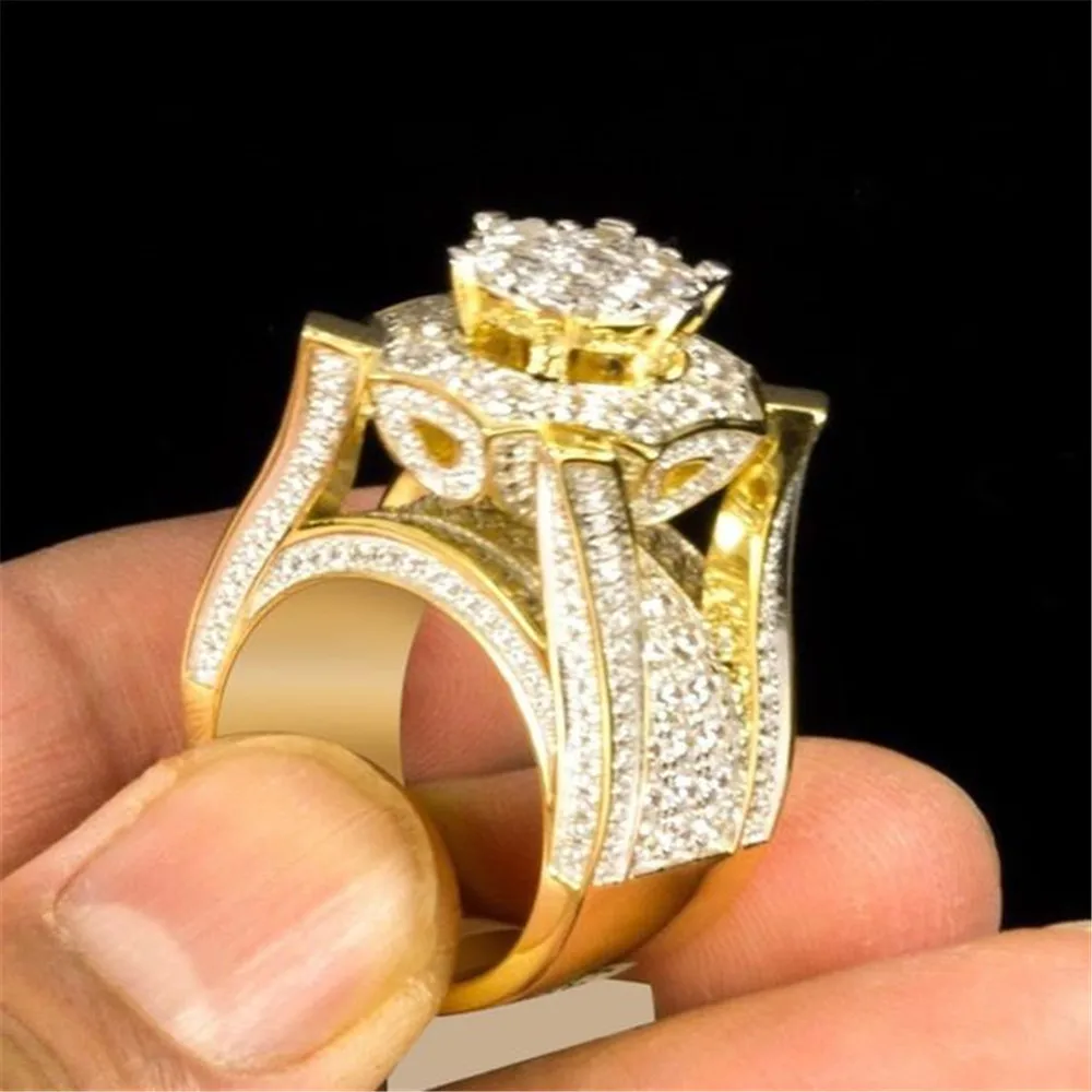 

High Quality Hip Hop Micro Pave Iced Out Bling Bling Gold Color Ring Crystal Rock Punk Flower Rings for Men Jewelry H5N988