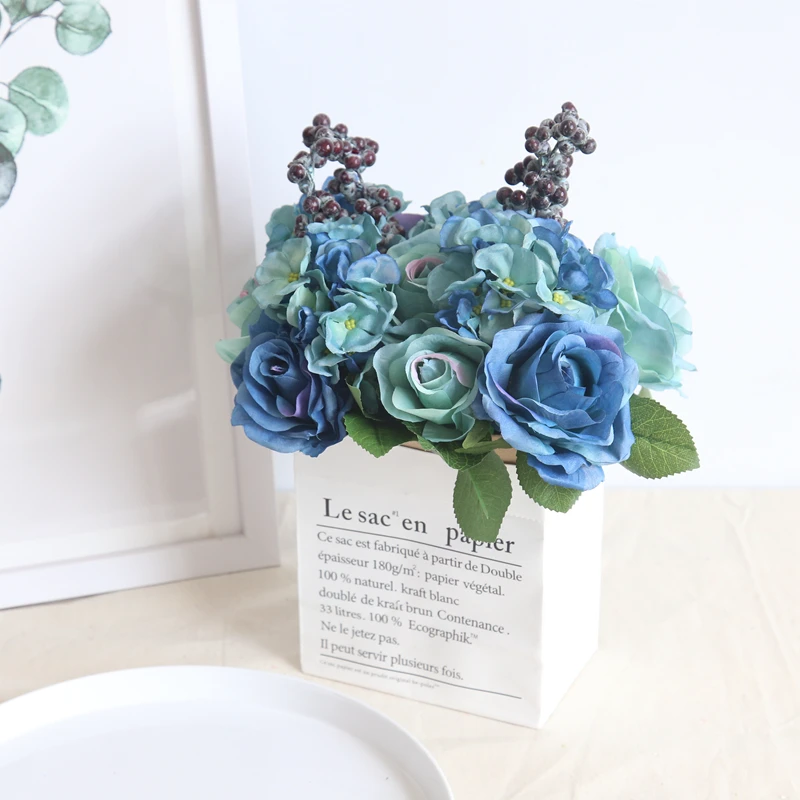 

Artificial Flowers Fake Silk Blue Roses for Christmas Home Decoration