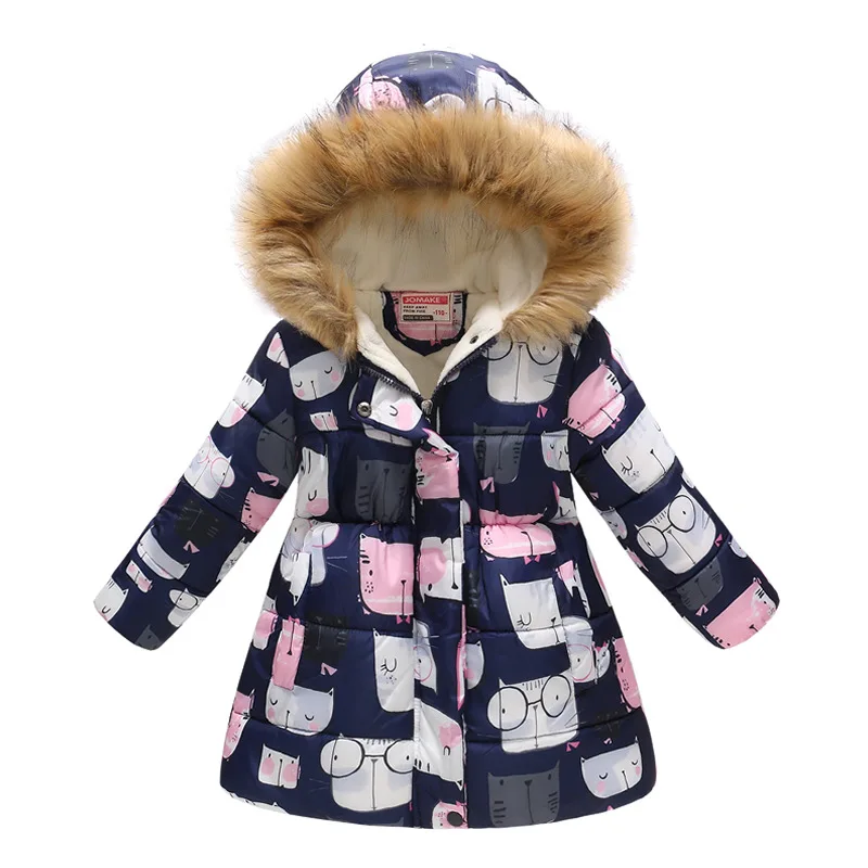 Russia Winter Jacket Kids Baby Girls Cartoon Printed Long Coats Warm Thick Jackets Children Outerwear Coat New Year Girl Clothes - Цвет: Dark Blue Cats