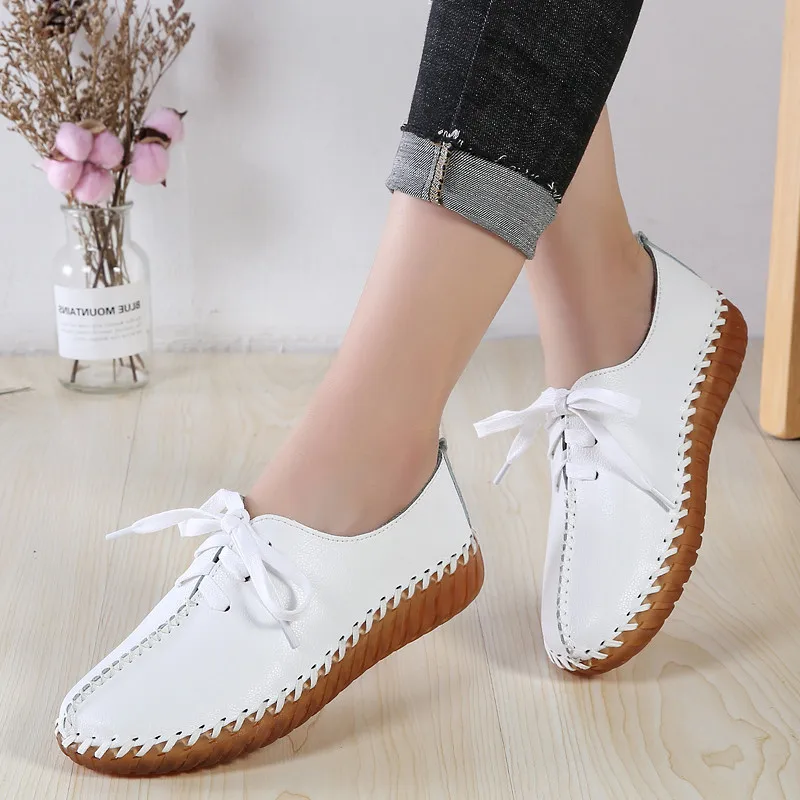 PINSEN Autumn Women Flats Shoes Handmade Genuine Leather Slip-on Shoes Woman Moccasins Ladies Oxfords Ballerina Flats Shoes - Цвет: 051 Autumn White