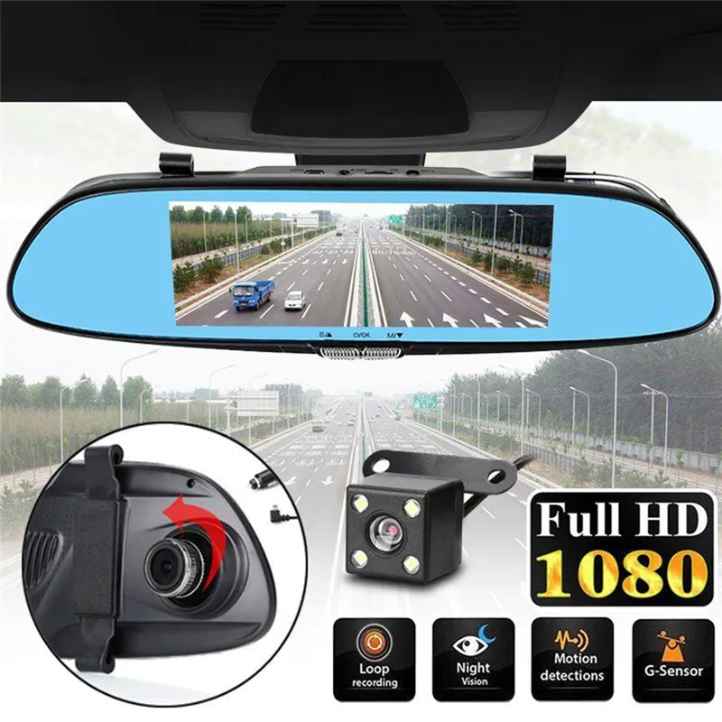 

New 2019 High Quality Convenient Secure 7" 1080P Dual Lens Car DVR Front Mirror Dash Cam Reversing Camera Video Recorder#292701
