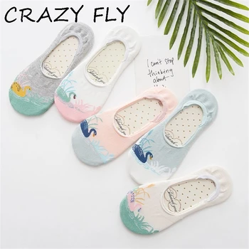 

CRAZY FLY Women Invisible Socks Short Low Cut No Show Socks Summer Non-slip Silicone Breathable Cartoon Printed Boat Sokcs 2019
