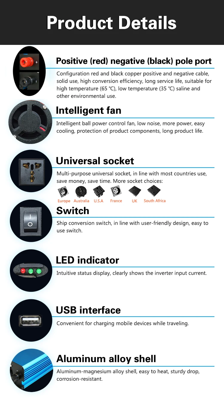 Автомобильный инвертор питания DC 12 V 24 V к AC 110 V 1000 W Интеллектуальный трансформатор распознавания с usb-портом