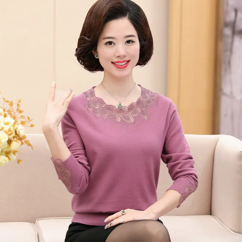 

Middle Aged Women Cashmere Autumn Winter O-neck Sweaters And Pullovers Long Sleeve Slim Bottoming Knitted Pullover Plus Size