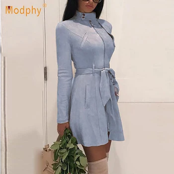 

2018 winter new coat windbreaker women's long-sleeved belt front zipper casual slim coat club party Vestidos coat trench coat