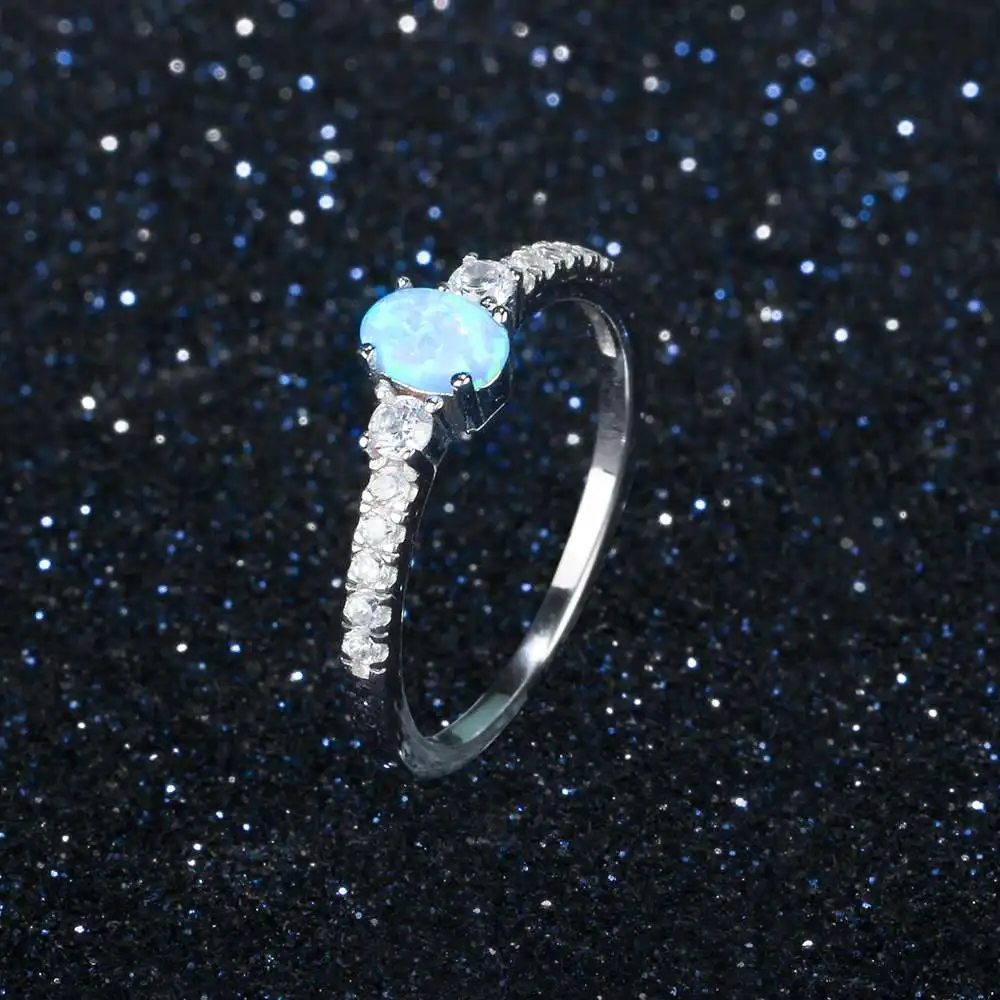 Soild 925 Sterling Silver Ring Oval Blue Opal Stone Elegant Wedding Jewelry Gifts For Women (JewelOra RI103627 )