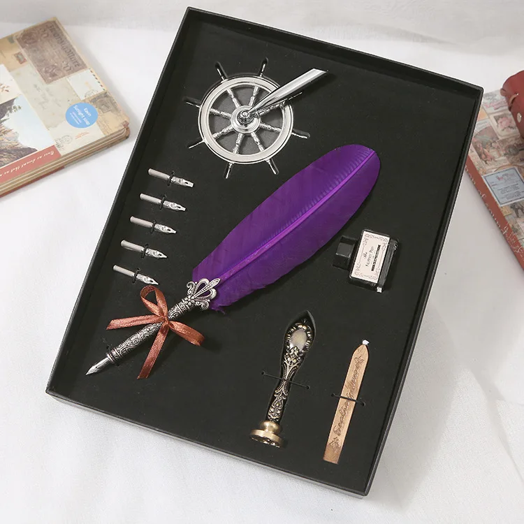 1 Set Feather Dip Fountain Pen Chancery Quill Oblique Pens +5pcs Nib