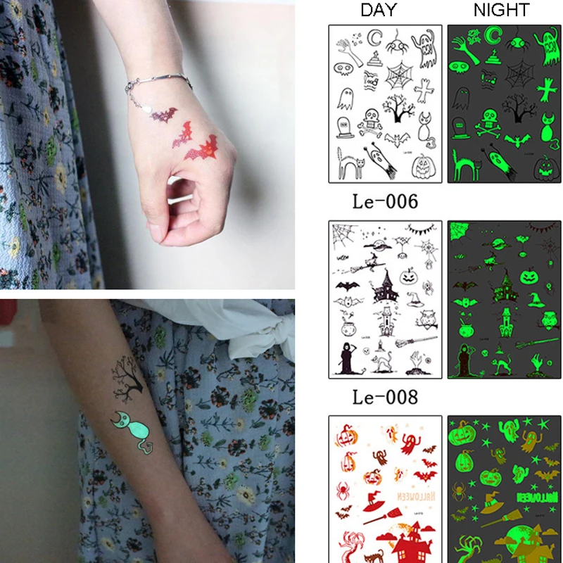 Светящаяся Татуировка стикерные игрушки для детей Хэллоуин призрак тату поддельные татуировки светящиеся темные водонепроницаемые Временные татуировки стикер s