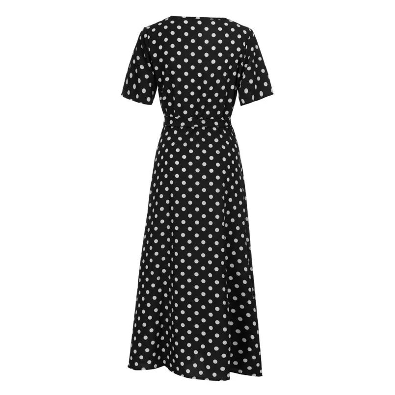  New Women Summer Vintage O-Neck Short Sleeve Beach Polka Dot Bandage Long Maxi Dress Sexy Elegant Lady Holiday New Dress #4R08 (24)