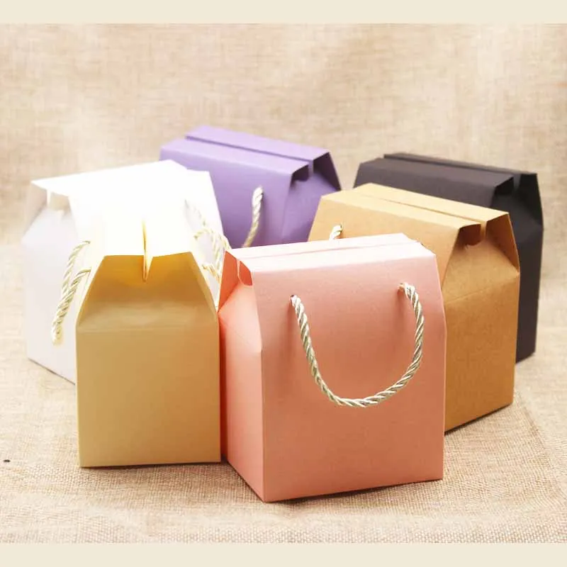 1 лот = 5 шт., подарочный бумажный пакет цвета слоновой кости с ручкой, розовая ручка, свадебные упаковочные коробки, сиреневая Подарочная коробка с ручкой, крафт-упаковка для орехов, посылка