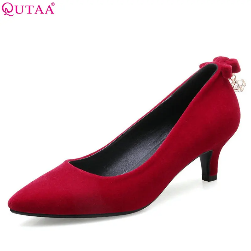 

QUTAA 2018 Women Pumps Flock Fashion Slip on Women Shoes Platform Pointed Toe Thin Heel Simple Women Pumps Szie 34-43