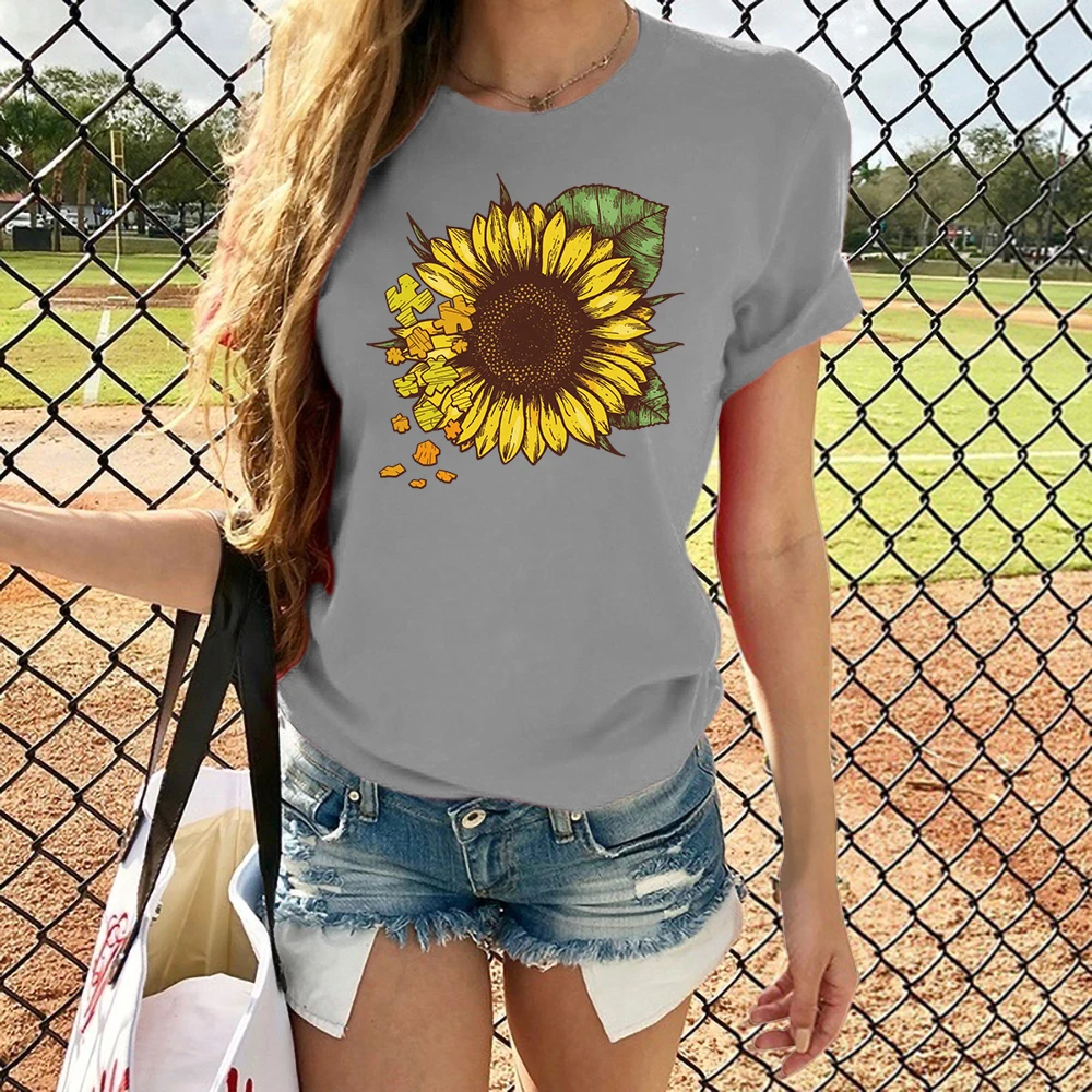 NIBESSER Летняя женская футболка с коротким рукавом, футболка с принтом подсолнуха, модные повседневные топы с круглым вырезом, футболка размера плюс 5XL