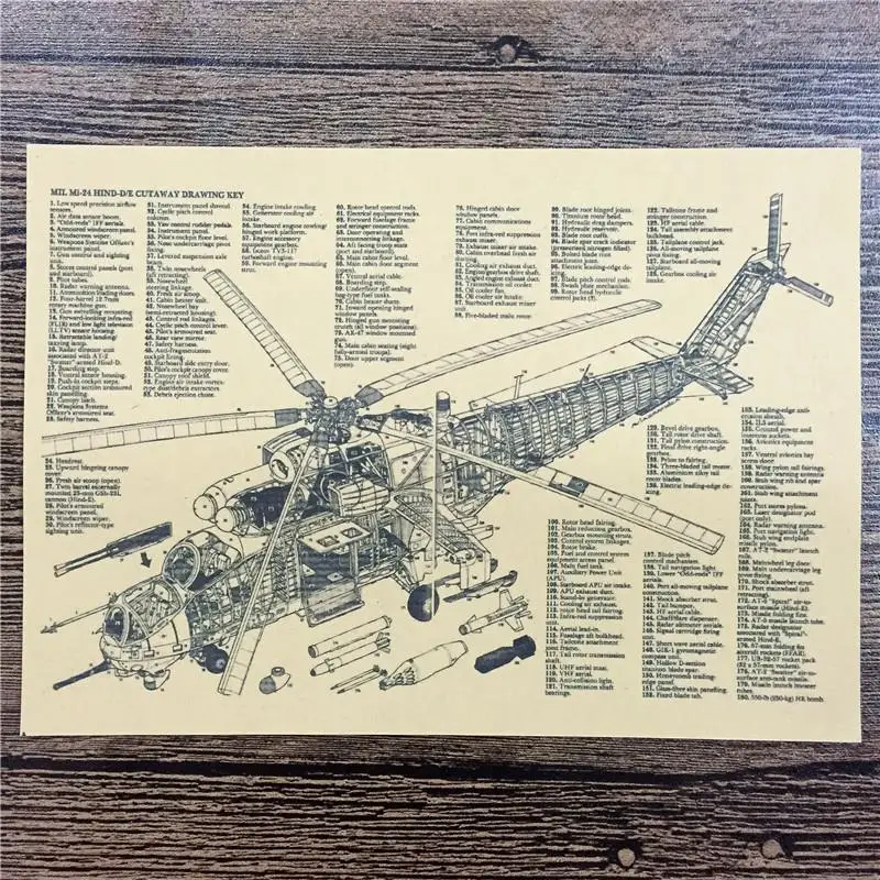 RMA-233 Винтаж крафт-бумага "Вертолет Детальные характеристики" картинки для постер на стену домашний декор декоративная живопись 42x30 см