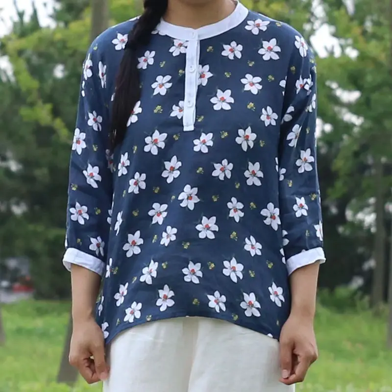

Runback Print Women's Blousa Pure Flax Three Quarter Stand Collar Womens Tops and Blouses Blusas Femininas Elegante Shirt Women