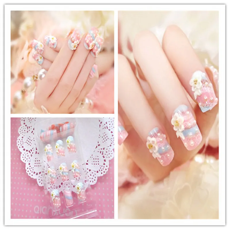 

ELECOOL Charming Flower Carved Pearl False Nail 24PCS Pink UV GEL Finished False Nail Manicure Tool For Nail Beauty Christmas
