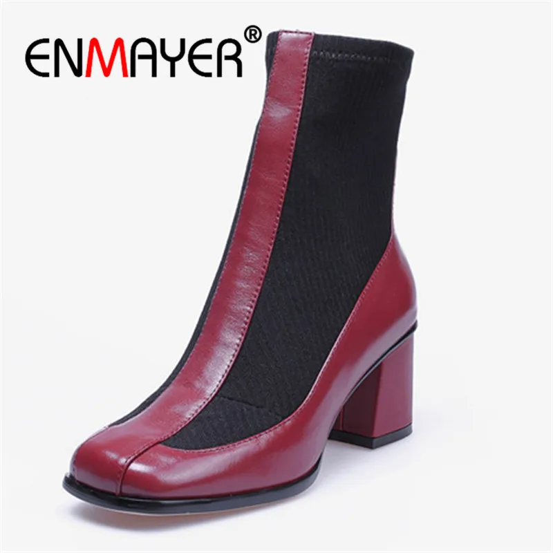 

ENMAYER 2018 New Square Toe Ankle boots shoes Real leather boots Winter Elegant Square heel Lady Fashion boots Size 34-39 CR1075