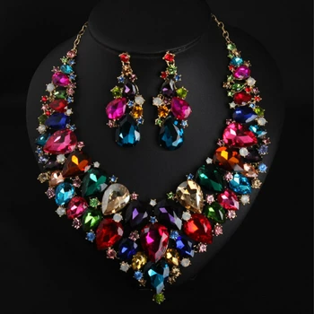 

MYDANER Luxury Multicolor Glass Maxi Flower Choker Statement Necklace Earrings Jewelry Set for Women Wedding Party Accessories