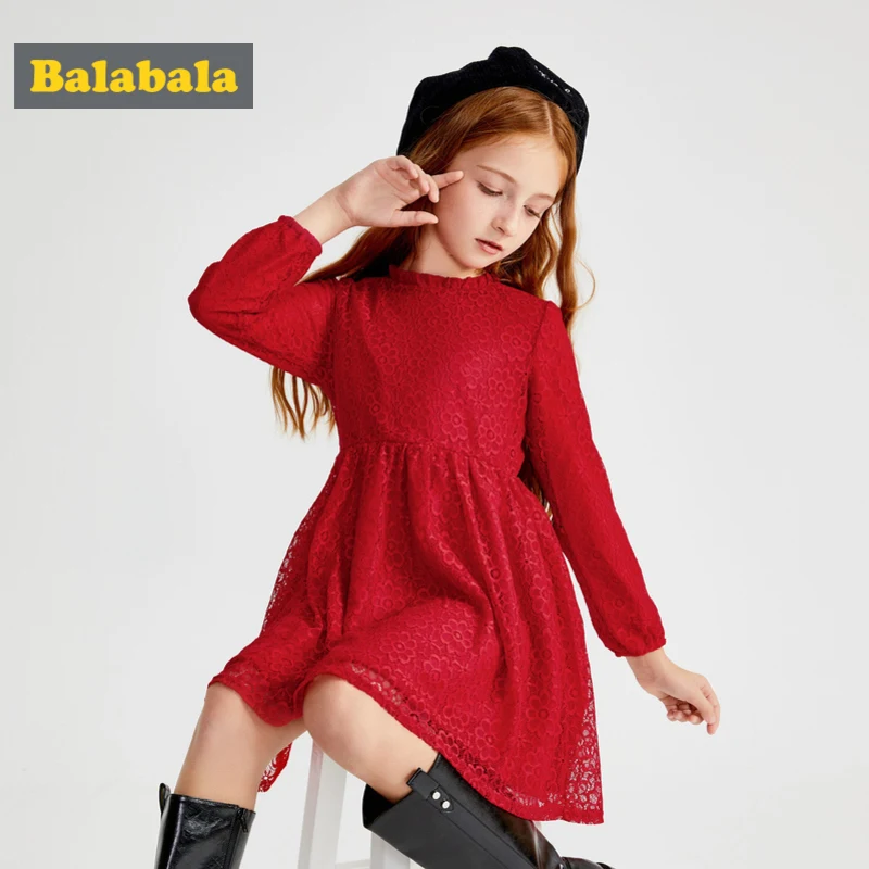 Balabala/кружевное расклешенное платье с длинными рукавами для девочек хлопковое платье до колена на подкладке с гофрированным воротником для девочек-подростков платье для свадебной вечеринки