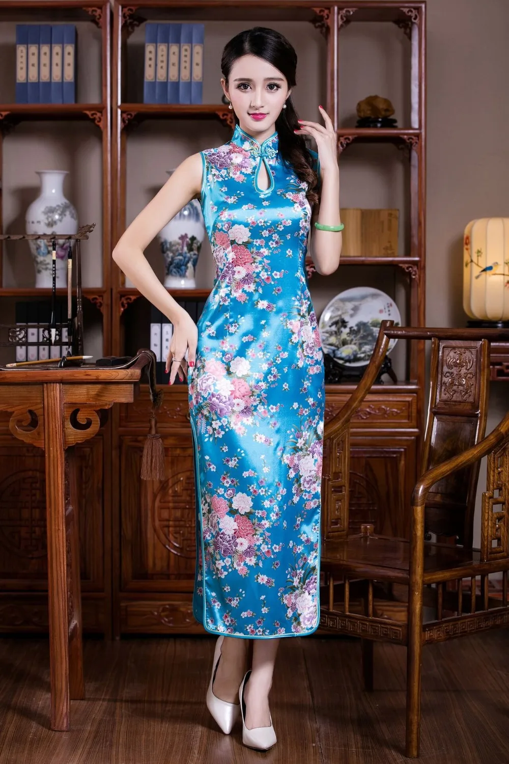 

Sexy Summer Long Cheongsam Lake Blue Vintage Chinese Style Women's Rayou Slim Qipao Dress New Arrival Vestidos Size S M L XL XXL