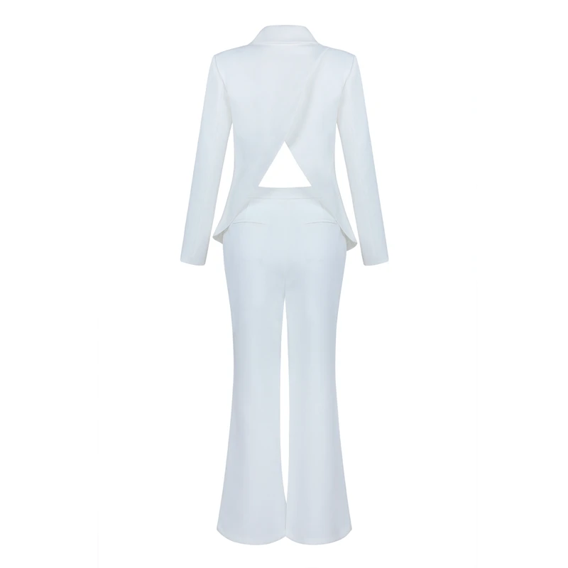 Bqueen 2018 Fashion V-Neck Sexy Blazers Formal Women Elegant Skinny Hollow Out Split Black White Two Pieces Pant Suits Set