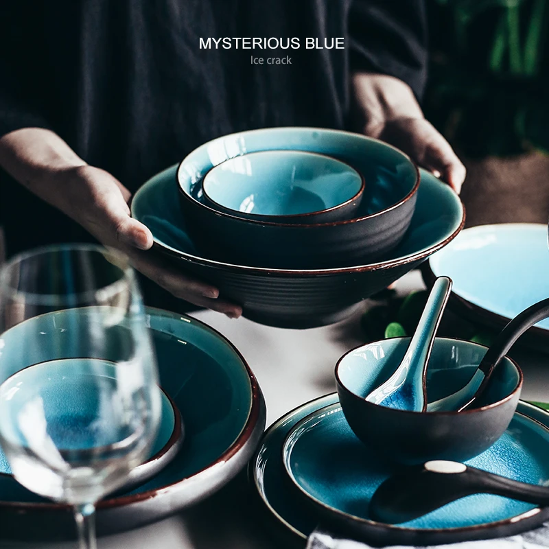 Ceramic Dinnerware Set KINGLANG Ice Cracking Glaze Ceramic Rice Bowls Steamed Fish Dishes Blue Dinner Plates