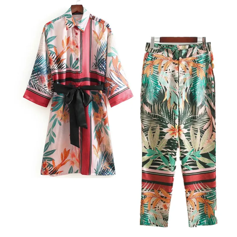 

2 piece set women Suit female 2019 resort style fashion loose shirt jacket + printing casual pants pajamas suit