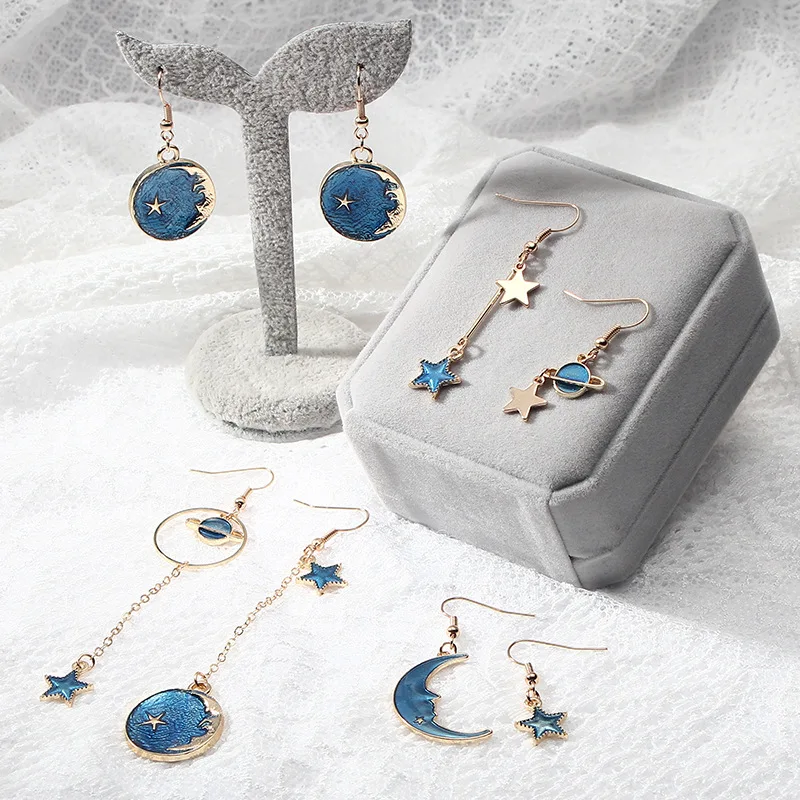 Blue Space Universe Moon Star Earrings - Image 5