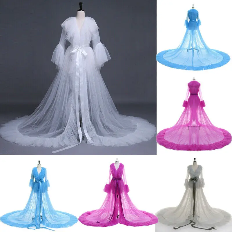 

Sexy Women Lingerie Lace Sheer Mesh Tulle Perspective V neck layered Ruffles Maxi Floor Long Bath Robe Gown Sleepwear Dresses