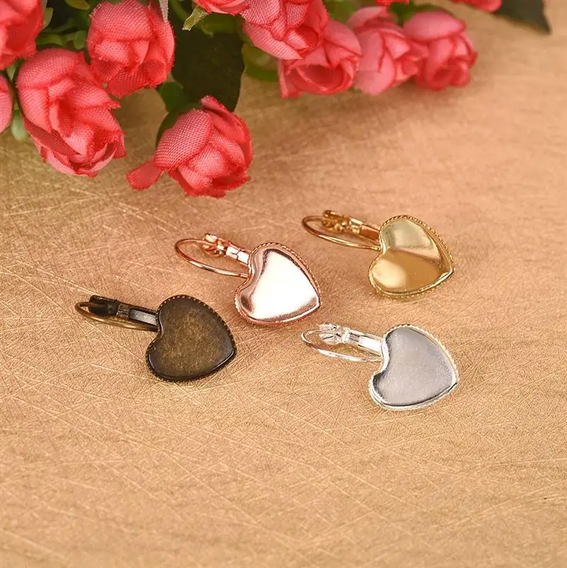 

10pcs Earring Hooks Heart Blank Base 12mm Cabochon Cameo Tray Settings Silver Rose Gold Bronze DIY Jewelry Findings Accessories
