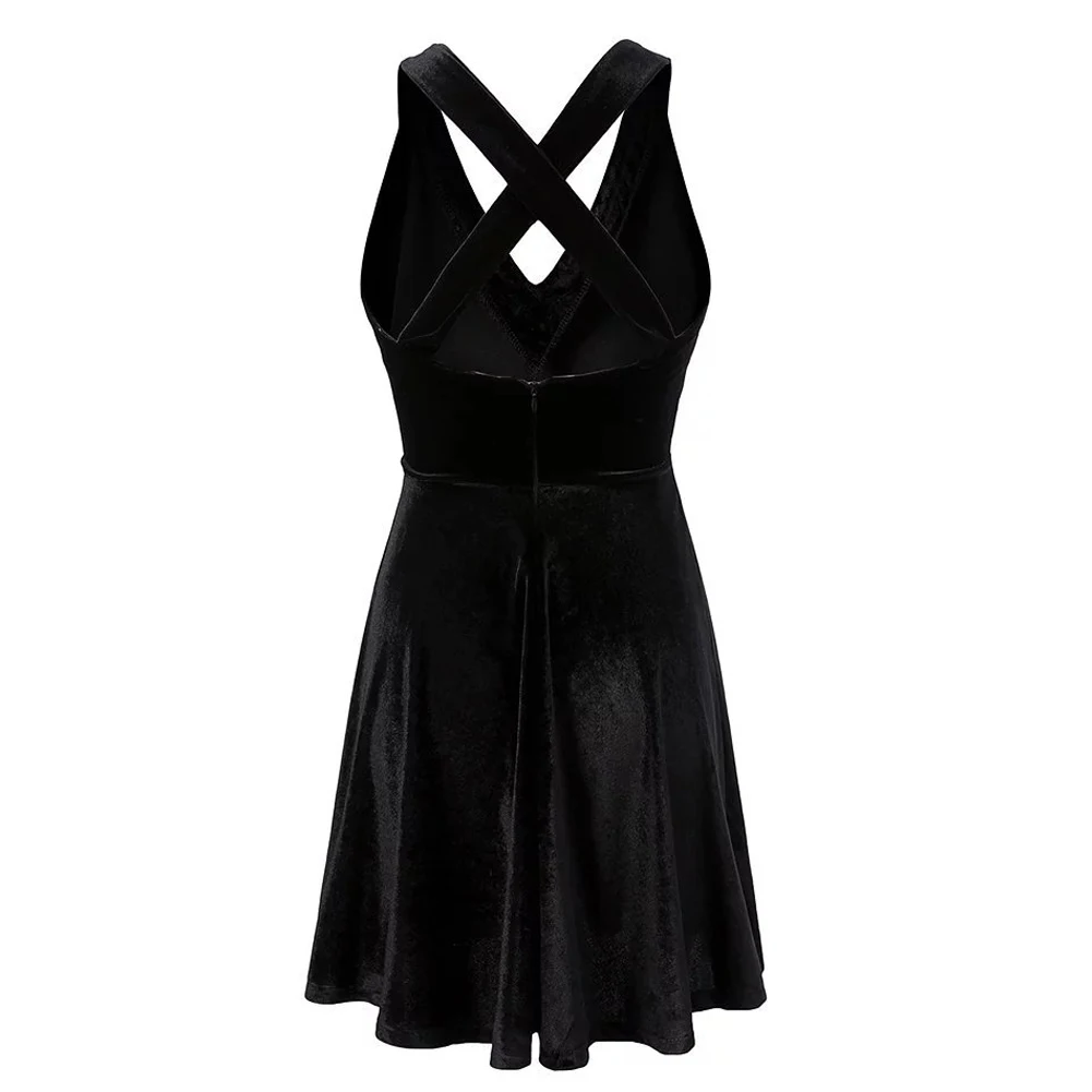 

Sexy Black Cross V-Neck Twirly Halter Dress Sundress With Many Size Women Gothic Punk Street Dress For Girl