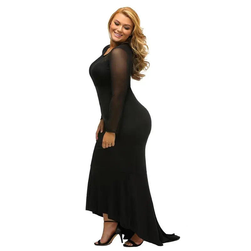 SEBOWEL Pluz Size Long Sleeve Women Bodycon Maxi Party Dress Hi-low Hem Mermaid Oversize Dresses BlackRed XL-XXXL (3)
