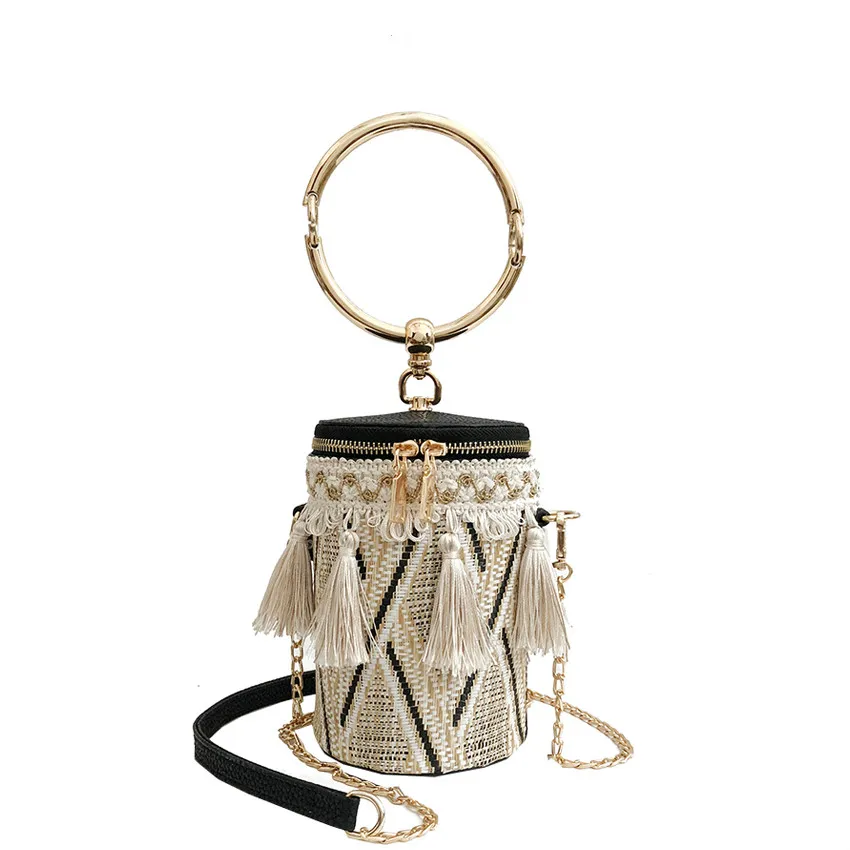 

Japan Style Bucket Cylindrical Straw Bags Barrel-Shaped Woven Creative Folk Women Crossbody Bags Metal Handle Shoulder Tote Bag