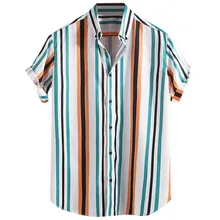 Горячая Летняя мода рубашки мужские дышащие полосатые рубашки с отложным воротником с коротким рукавом Свободные повседневные рубашки новое поступление