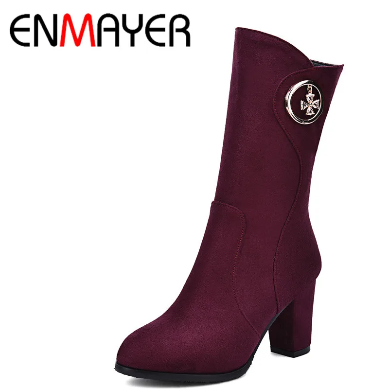 

ENMAYER New Flock Charm Decoration High Heel Half Boots Women Black Winter Boots Mid-calf Boots Shoes Woman Motorcycle Boots