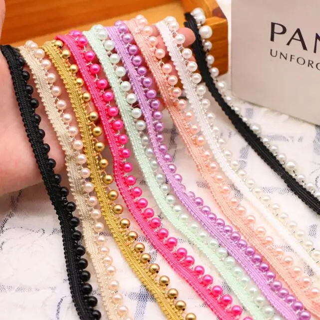 

10yards 1.3cm Handmade Beaded Lace Trim DIY Unilateral Pearl Lace Ribbon Garment Curtain Clothes Wedding Dress Accessories